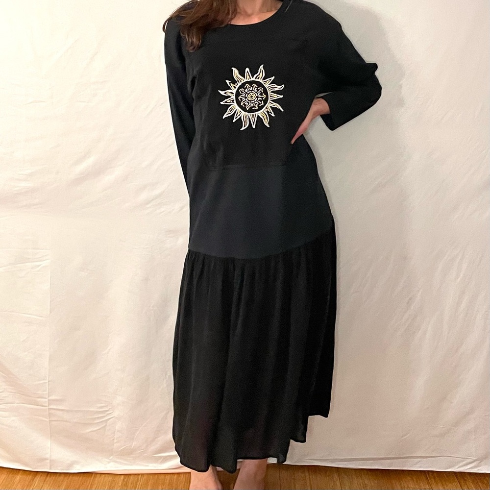 VTG Johnny Was T-Shirt Dress, Midi, Black, Sun Embroidery, Long Sleeve, Medium